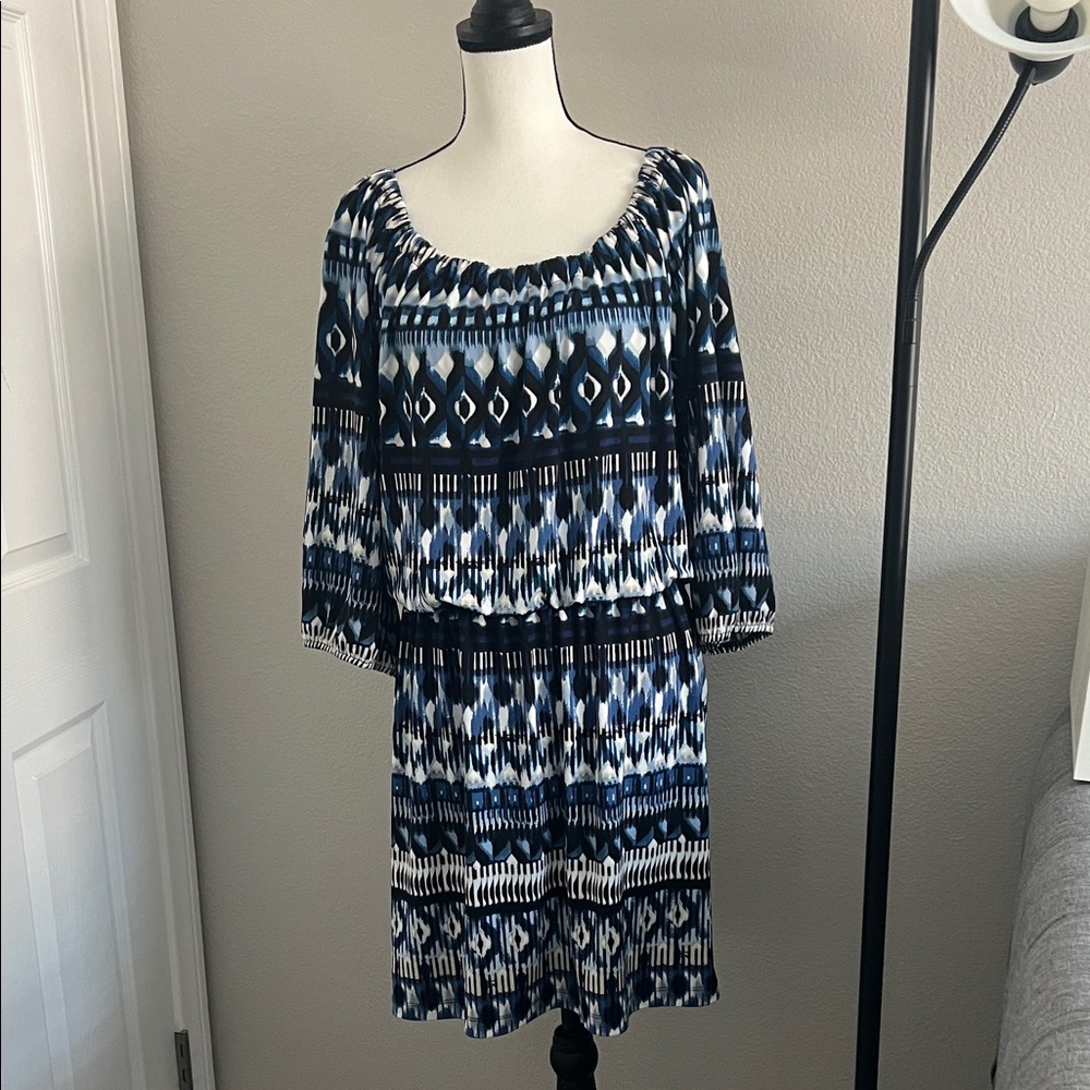 AB Studio Navy and White Geometric Long Sleeve Dress